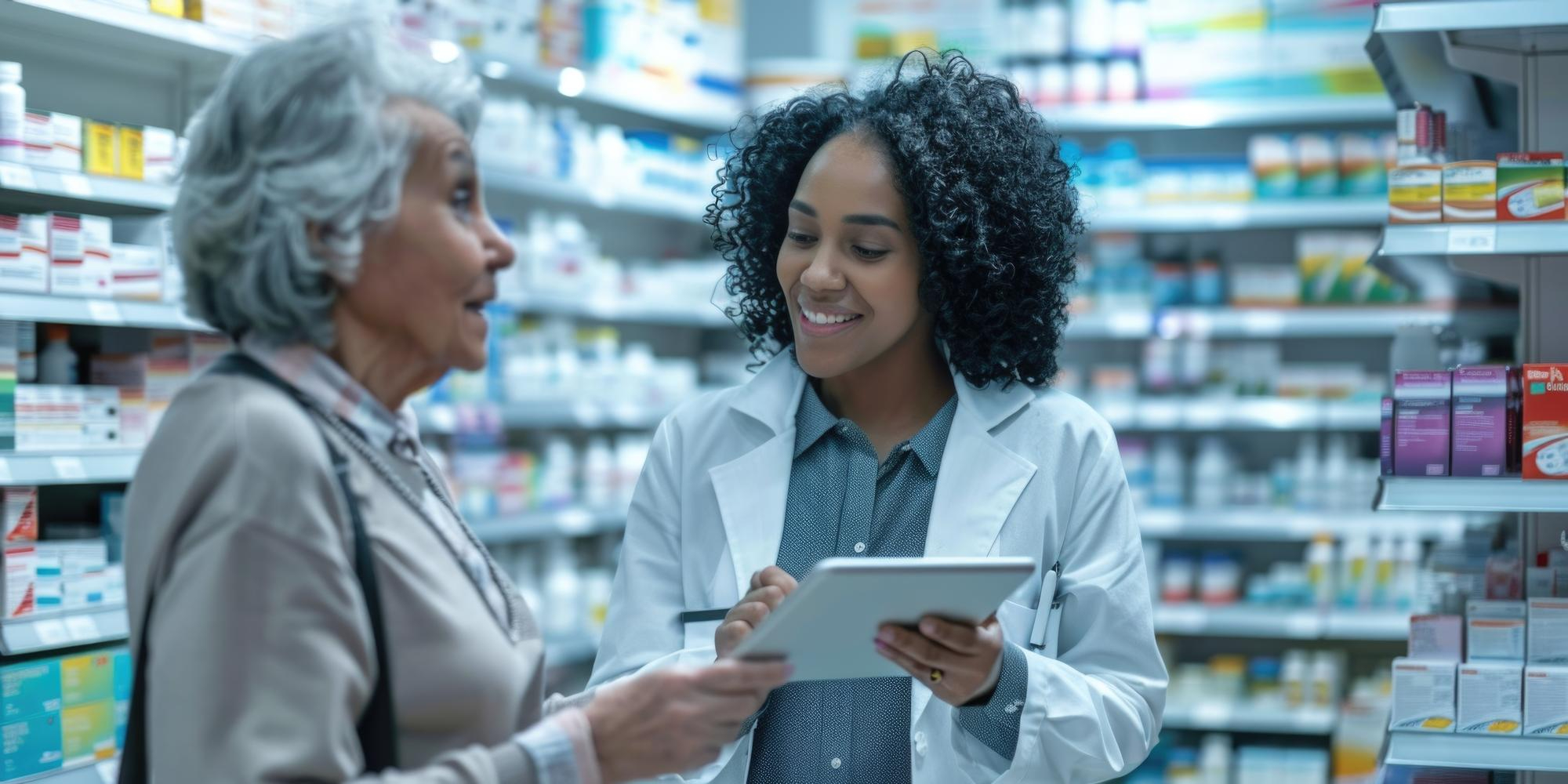 Foto ilustrativa: paciente sendo atendida na farmácia. PBMs ampliam o acesso ao tratamento.
