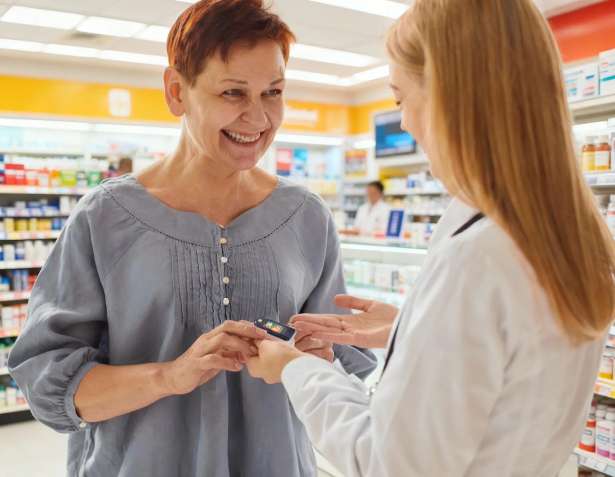 Paciente medindo glicemia na farmácia. Papel da farmácia é fundamental para o controle e prevenção do diabetes.