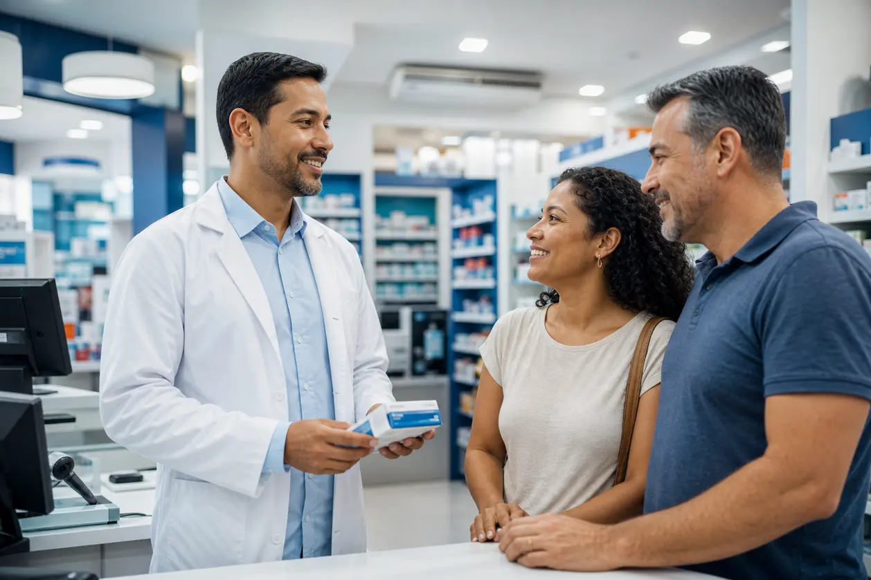 Foto ilustrativa de balconista atendendo pacientes. Entenda a importância dos PBMs para o negócio